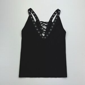 SKYLEE Black Tank Top Punk Rock Sleeveless Grommet Laced V-Neck Shirt One Size